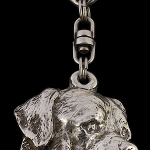 May include: Silver keychain featuring a detailed, three-dimensional Rottweiler head.