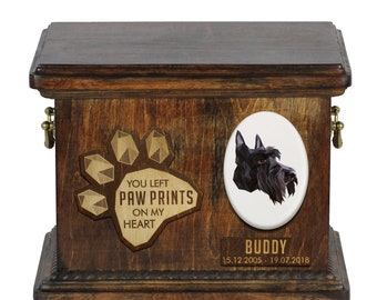 Urn for dog ashes with ceramic plate and sentence - Geometric Scottish Terrier, ART-DOG. Cremation box, Custom urn.