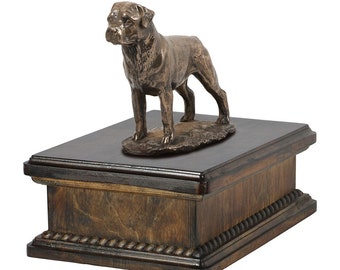 Exclusive Urn for dog’s ashes with a Rottweiler statue, ART-DOG. New model Cremation box, Custom urn.