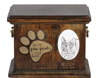 Urn for cat ashes with ceramic plate and sentence - Korat, ART-DOG Cremation box, Custom urn.