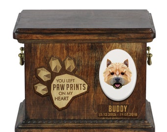 Urn for dog ashes with ceramic plate and sentence - Geometric Norwich Terrier, ART-DOG. Cremation box, Custom urn.