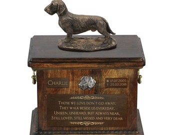 Dachshund wirehaired - Exclusive Urn for dog ashes with a statue, relief and inscription. ART-DOG. Cremation box, Custom urn.