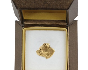 NEW, American Staffordshire Terrier, Amstaff dog pin, in casket, gold plated, limited edition, ArtDog