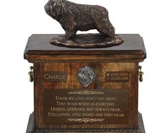 Polish Lowland Sheepdog - Exclusive Urn for dog ashes with a statue, relief and inscription. ART-DOG. Cremation box, Custom urn.