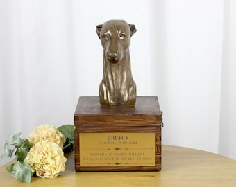 Whippet urn for dog's ashes, Urn with engraving and sculpture of a dog, Urn with dog statue and engraving, Custom urn for a dog