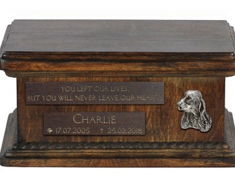 Urn for dog’s ashes with relief and sentence with your dog name and date - Clumber Spaniel, ART-DOG. Low model. Cremation box, Custom urn.