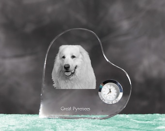 Great Pyrenees- crystal clock in the shape of a heart with the image of a pure-bred dog.