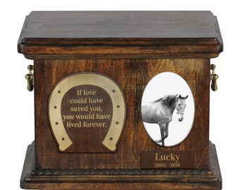 Urn for horse ashes with ceramic plate and sentence - American Saddlebred, ART-DOG. Cremation box, Custom urn.