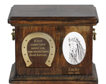 Urn for horse ashes with ceramic plate and sentence - Pintabian, ART-DOG. Cremation box, Custom urn.