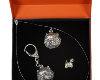 NEW, West Highland White Terrier, dog keyring, necklace and pin in casket, PRESTIGE set, limited edition, ArtDog
