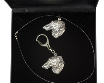 NEW, Borzoi, Russian Wolfhound, dog keyring and necklace in casket, DELUXE set, limited edition, ArtDog . Dog keyring for dog lovers