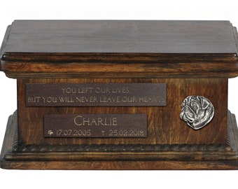 Urn for dog’s ashes with relief and sentence with your dog name and date - Pug, ART-DOG. Low model. Cremation box, Custom urn.