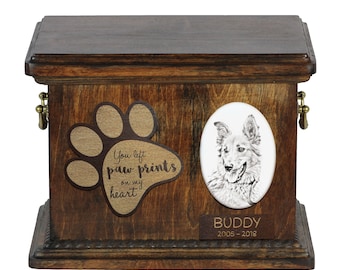 Urn for dog’s ashes with ceramic plate and description - Basque Shepherd Dog, ART-DOG Cremation box, Custom urn.