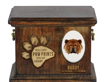 Urn for dog ashes with ceramic plate and sentence - Geometric Chow chow, ART-DOG. Cremation box, Custom urn.