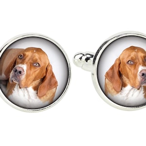 May include: A pair of silver cufflinks with a round, white background and a photo of a brown and white dog with brown eyes looking at the camera.