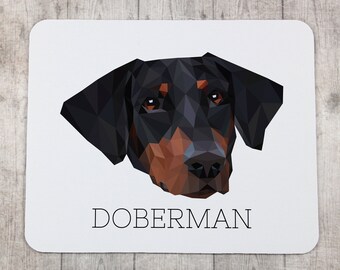 A computer mouse pad with a Dobermann dog. A new collection with the geometric dog