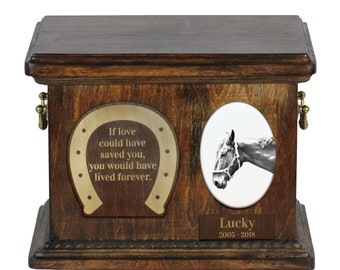 Urn for horse ashes with ceramic plate and sentence - Hanoverian, ART-DOG. Cremation box, Custom urn.