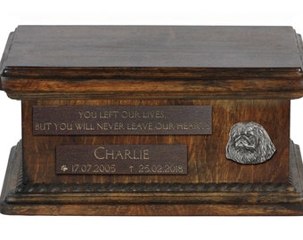 Urn for dog’s ashes with relief and sentence with your dog name and date - Pekingese, ART-DOG. Low model. Cremation box, Custom urn.