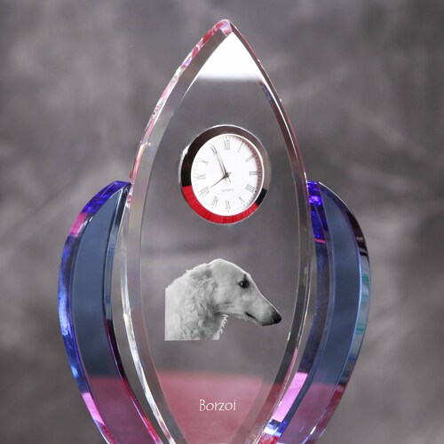 Borzoi, Russian Wolfhound- crystal clock in the buying shape of a wings with the image of a pure-bred dog.