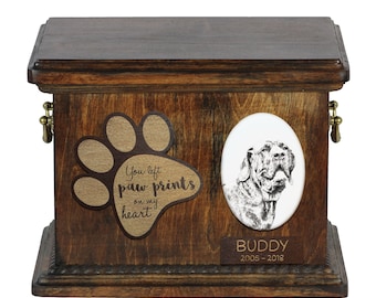 Urn for dog’s ashes with ceramic plate and description - Brazilian Mastiff, ART-DOG Cremation box, Custom urn.