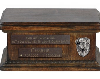 Urn for dog’s ashes with relief and sentence with your dog name and date - Dutch Retriever, ART-DOG. Low model. Cremation box, Custom urn.