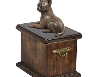 Urn for dog’s ashes with a Chihuahua statue, ART-DOG Cremation box, Custom urn.