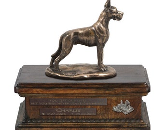 Exclusive Urn for dog ashes with a Great Dane cropped statue, relief and inscription. ART-DOG. New model. Cremation box, Custom urn.