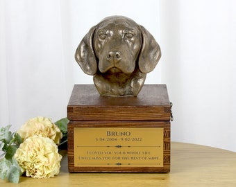 Beagle urn for dog's ashes, Urn with engraving and sculpture of a dog, Urn with dog statue and engraving, Custom urn for a dog