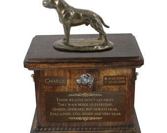 English Staffordshire Terrier - Exclusive Urn for dog ashes with a statue, relief and inscription. ART-DOG. Cremation box, Custom urn.