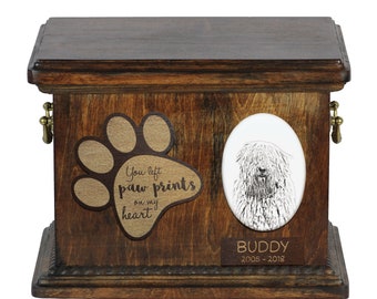 Urn for dog’s ashes with ceramic plate and description - Komondor, ART-DOG Cremation box, Custom urn.