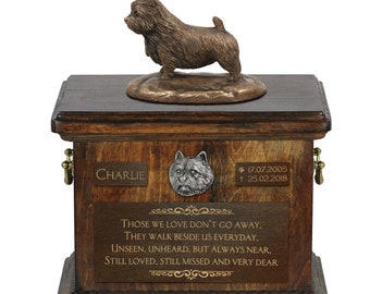 Norwich Terrier - Exclusive Urn for dog ashes with a statue, relief and inscription. ART-DOG. Cremation box, Custom urn.