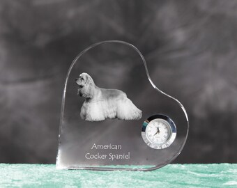 American Cocker Spaniel - crystal clock in the shape of a heart with the image of a pure-bred dog.