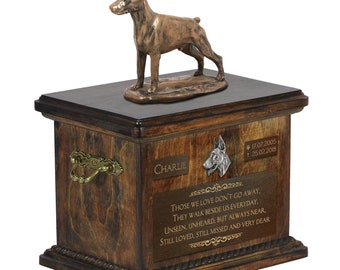 Dobermann cropped - Exclusive Urn for dog ashes with a statue, relief and inscription. ART-DOG. Cremation box, Custom urn.
