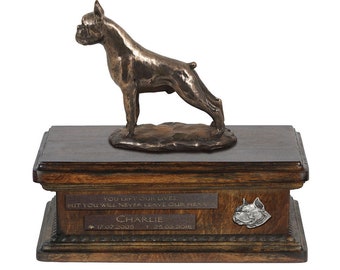 Exclusive Urn for dog ashes with a Boxer cropped statue, relief and inscription. ART-DOG. New model. Cremation box, Custom urn.