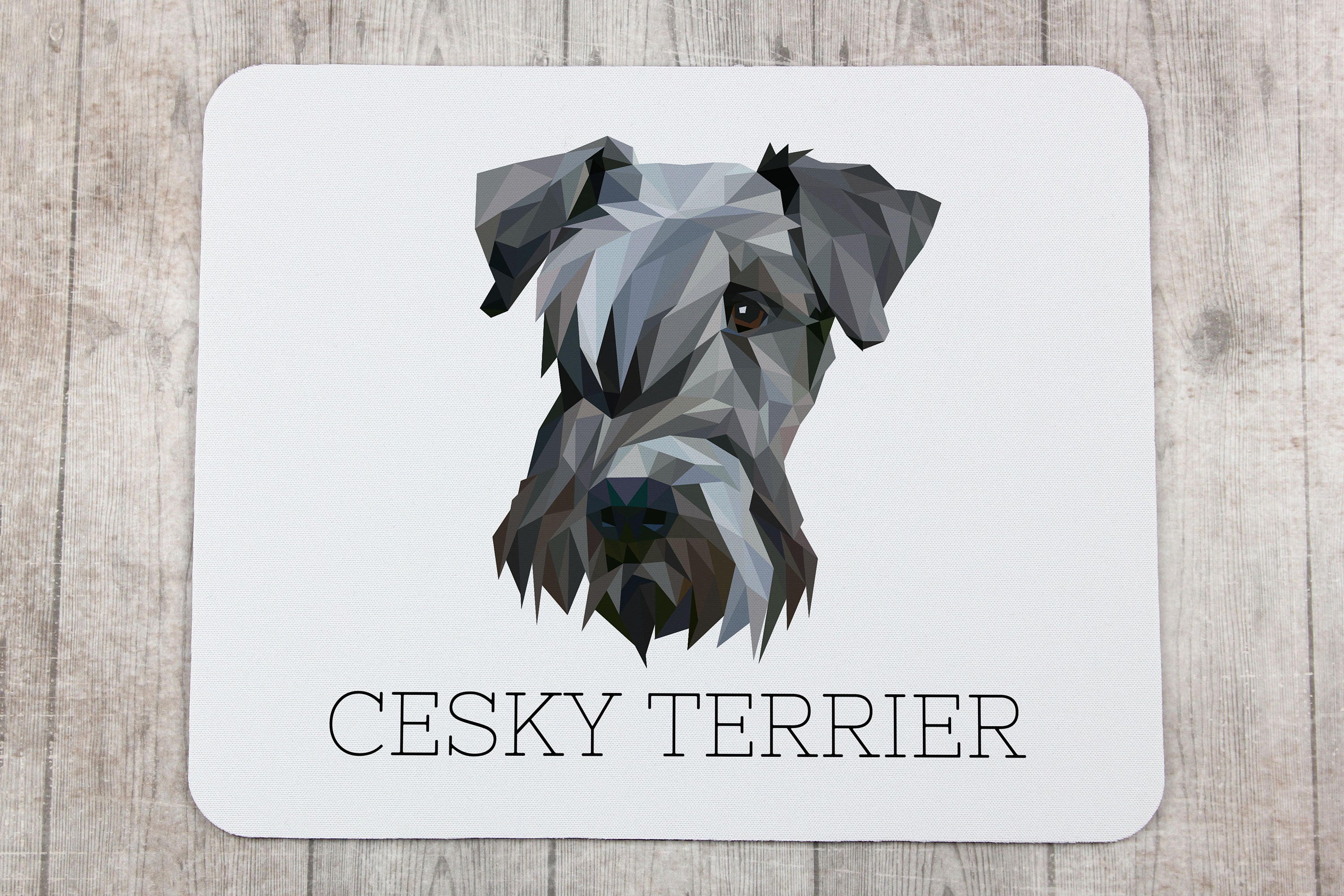 A computer mouse pad with a Cesky Terrier dog. A new collection with the geometric dog