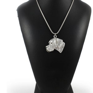 Op de afbeelding: Zilveren ketting met een gedetailleerde hanger in de vorm van een Great Dane hondenkop. De hanger is 4,4 cm hoog en 4,6 cm breed. De ketting is 43 cm lang en weegt 35 gram.