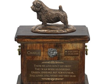 Norfolk Terrier - Exclusive Urn for dog ashes with a statue, relief and inscription. ART-DOG. Cremation box, Custom urn.
