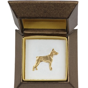 NEW, Dobermann, dog pin, in casket, gold plated, limited edition, ArtDog