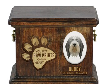 Urn for dog ashes with ceramic plate and sentence - Geometric Bearded Collie, ART-DOG. Cremation box, Custom urn.