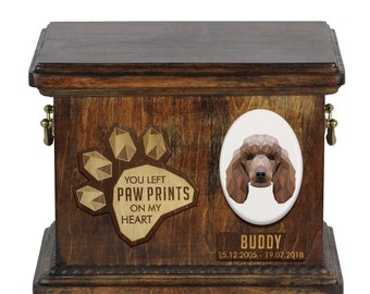 Urn for dog ashes with ceramic plate and sentence - Geometric Poodle, ART-DOG. Cremation box, Custom urn.