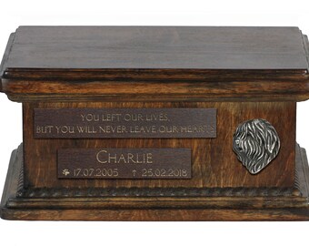 Urn for dog’s ashes with relief and sentence with your dog name and date - Polish Lowland Sheepdog, ART-DOG. Low model.