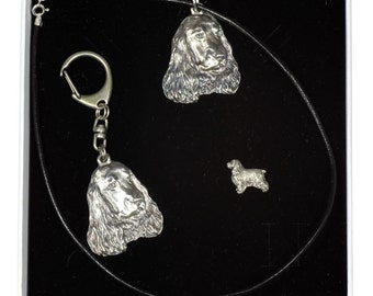 NEW, English Cocker Spaniel, dog keyring, necklace and pin in casket, ELEGANCE set, limited edition, ArtDog . Dog keyring for dog lovers