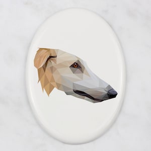 A ceramic tombstone plaque with a Borzoi, Russian Wolfhound dog. Art-Dog geometric dog