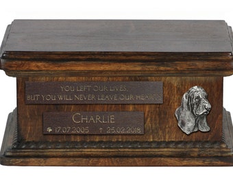 Urn for dog’s ashes with relief and sentence with your dog name and date - Basset Hound, ART-DOG. Low model. Cremation box, Custom urn.