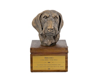 Dachshund urn for dog's ashes, Urn with engraving and sculpture of a dog, Urn with dog statue and engraving, Custom urn for a dog