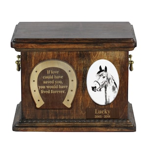 Urn for horse ashes with ceramic plate and sentence - Morgan horse, ART-DOG. Cremation box, Custom urn.