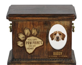 Urn for dog ashes with ceramic plate and sentence - Geometric Basset Fauve de Bretagne, ART-DOG. Cremation box, Custom urn.