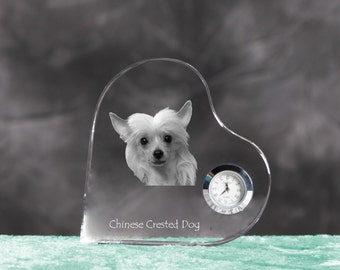 Chinese Crested Dog- crystal clock in the shape of a heart with the image of a pure-bred dog.