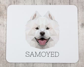 A computer mouse pad with a Samoyed dog. A new collection with the geometric dog