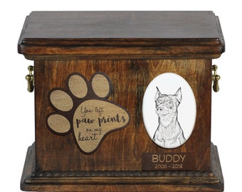 Urn for dog’s ashes with ceramic plate and description - German Pinscher, ART-DOG Cremation box, Custom urn.